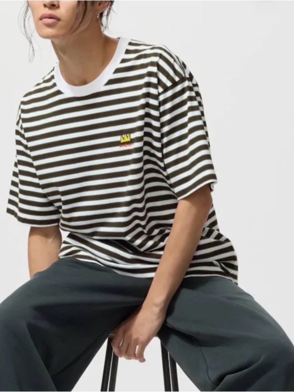 Uniqlo Brown and White Striped Short Sleeve Tee with Yellow Crown Patch